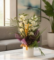 Mor Buket Kağıtlı Beyaz Saksıda Dendrobium