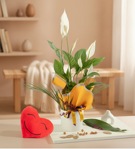 Sarı Buket Kağıdında Spatifilyum ve Kalp Yastık
