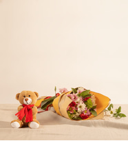 Sarı Bukette Papatyalar, Güller ve Peluş Ayıcık