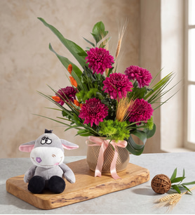 Geometrik Saksıda Mor Kasımpatı ve Peluş Eşek
