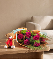 Buket Kağıtlı Mor Kasımpatılar ve Peluş Ayıcık