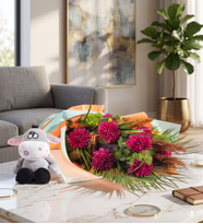 Buket Kağıtlı Mor Kasımpatılar ve Peluş Eşek