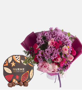 Pembe Buket Kağıtlı Karışık Aranjman ve Gurme Lezzetler