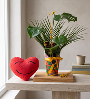 Renkli Saksı Kılıfında Monstera ve Kalp Yastık
